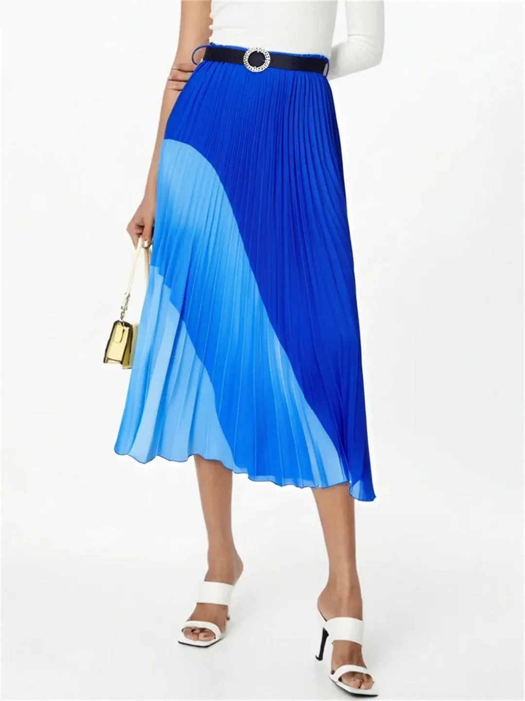 Women Summer Elastic Midi-Calf Long Skater High Waist Pleated Harajuku Geometric Print Knee Skirt