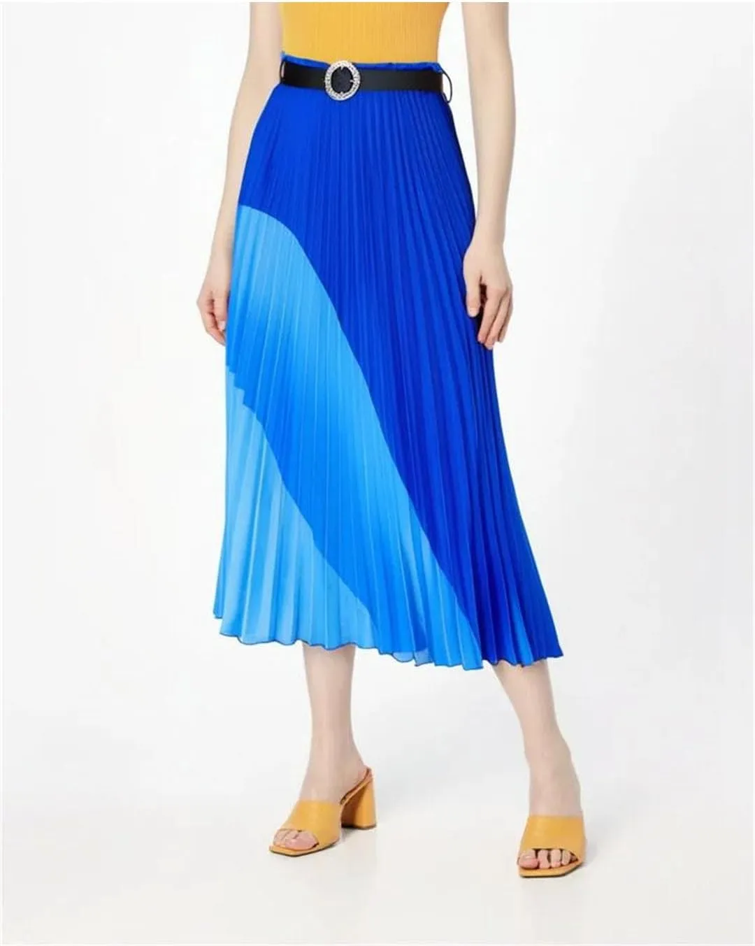 Women Summer Elastic Midi-Calf Long Skater High Waist Pleated Harajuku Geometric Print Knee Skirt