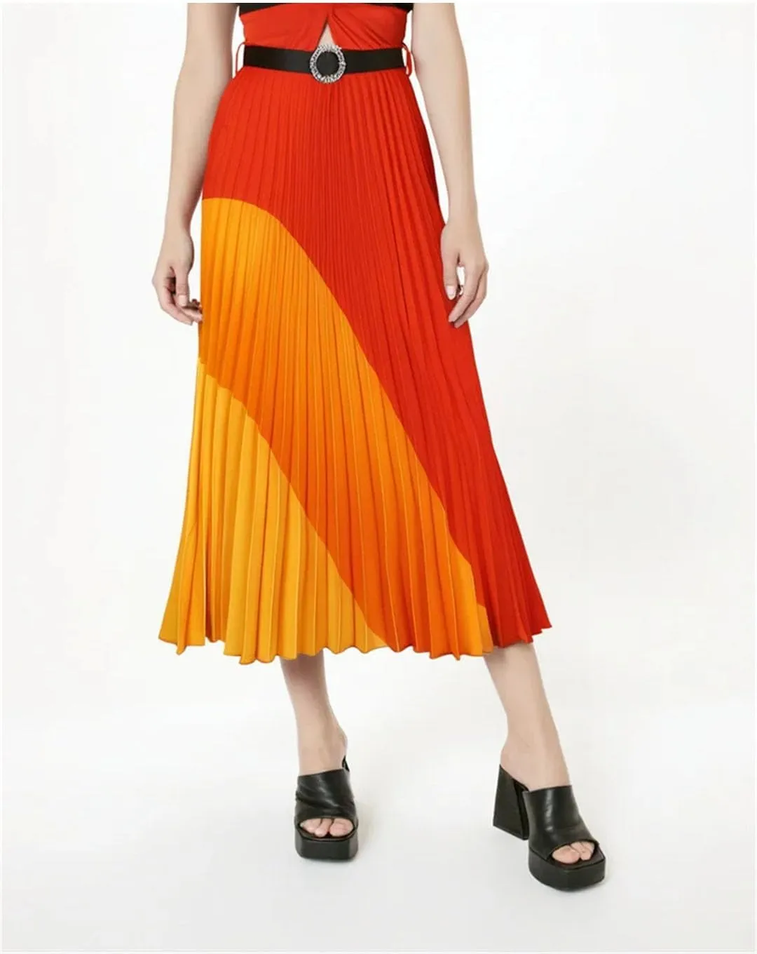 Women Summer Elastic Midi-Calf Long Skater High Waist Pleated Harajuku Geometric Print Knee Skirt