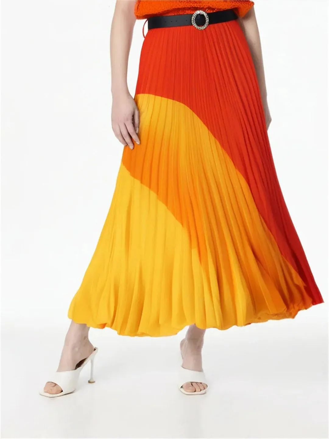 Women Summer Elastic Midi-Calf Long Skater High Waist Pleated Harajuku Geometric Print Knee Skirt