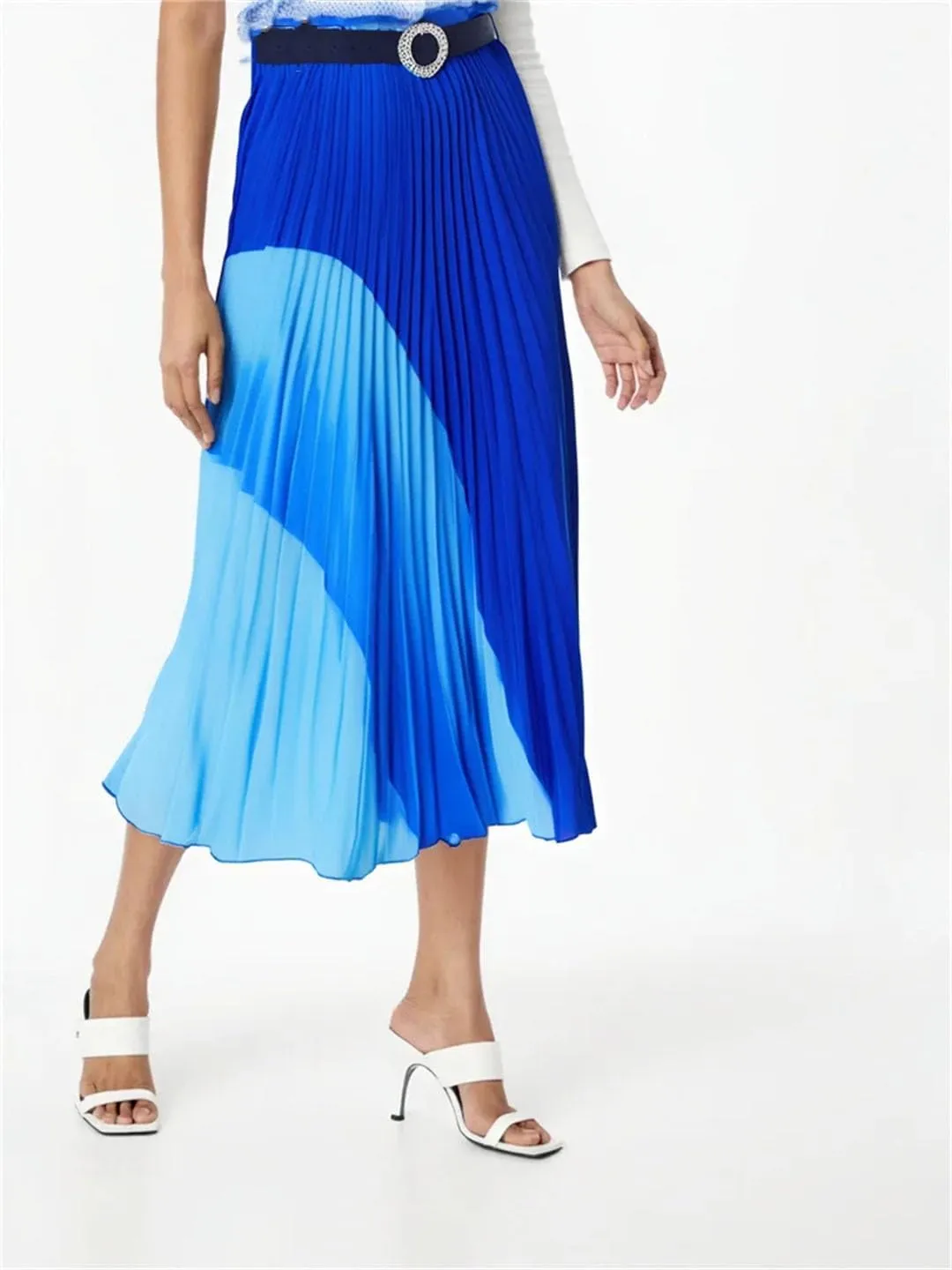 Women Summer Elastic Midi-Calf Long Skater High Waist Pleated Harajuku Geometric Print Knee Skirt