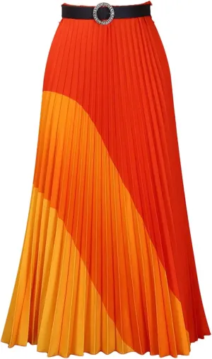 Women Summer Elastic Midi-Calf Long Skater High Waist Pleated Harajuku Geometric Print Knee Skirt