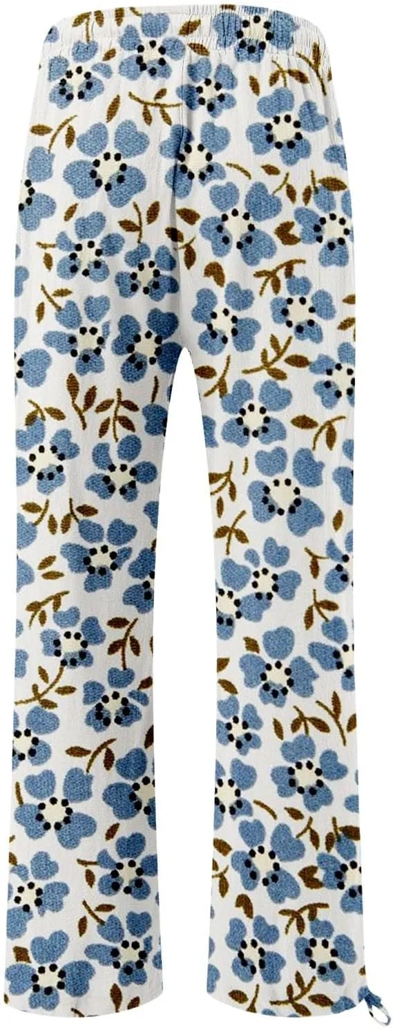 Women's Boho Tropical Print Wide Leg Pants Womens Cotton Casual Loose Pants Comfy Work Pants with Pockets Elastic
