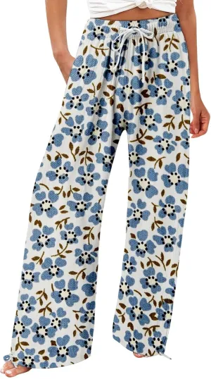 Women's Boho Tropical Print Wide Leg Pants Womens Cotton Casual Loose Pants Comfy Work Pants with Pockets Elastic