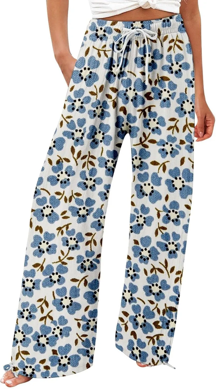 Women's Boho Tropical Print Wide Leg Pants Womens Cotton Casual Loose Pants Comfy Work Pants with Pockets Elastic