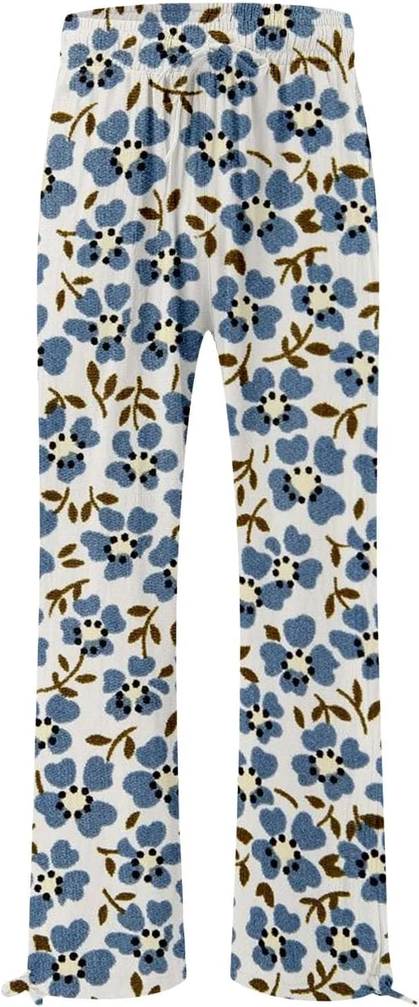 Women's Boho Tropical Print Wide Leg Pants Womens Cotton Casual Loose Pants Comfy Work Pants with Pockets Elastic