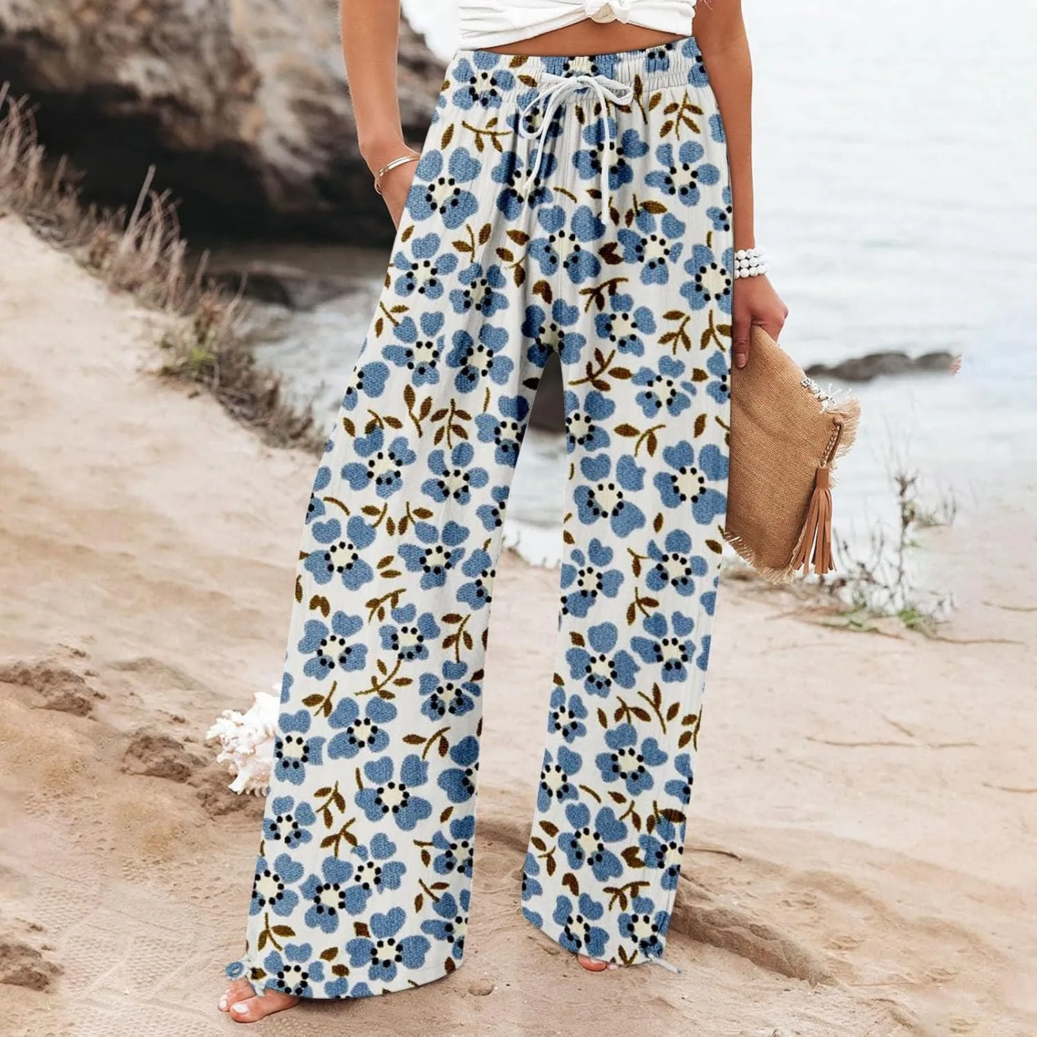 Women's Boho Tropical Print Wide Leg Pants Womens Cotton Casual Loose Pants Comfy Work Pants with Pockets Elastic