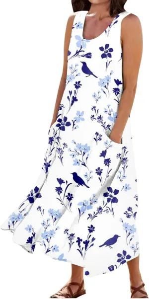 Women's Casual Sleeveless Maxi Dress 2025 Summer Tank Scoop Neck Loose Beach Sundress Beach Vacation Dresses
