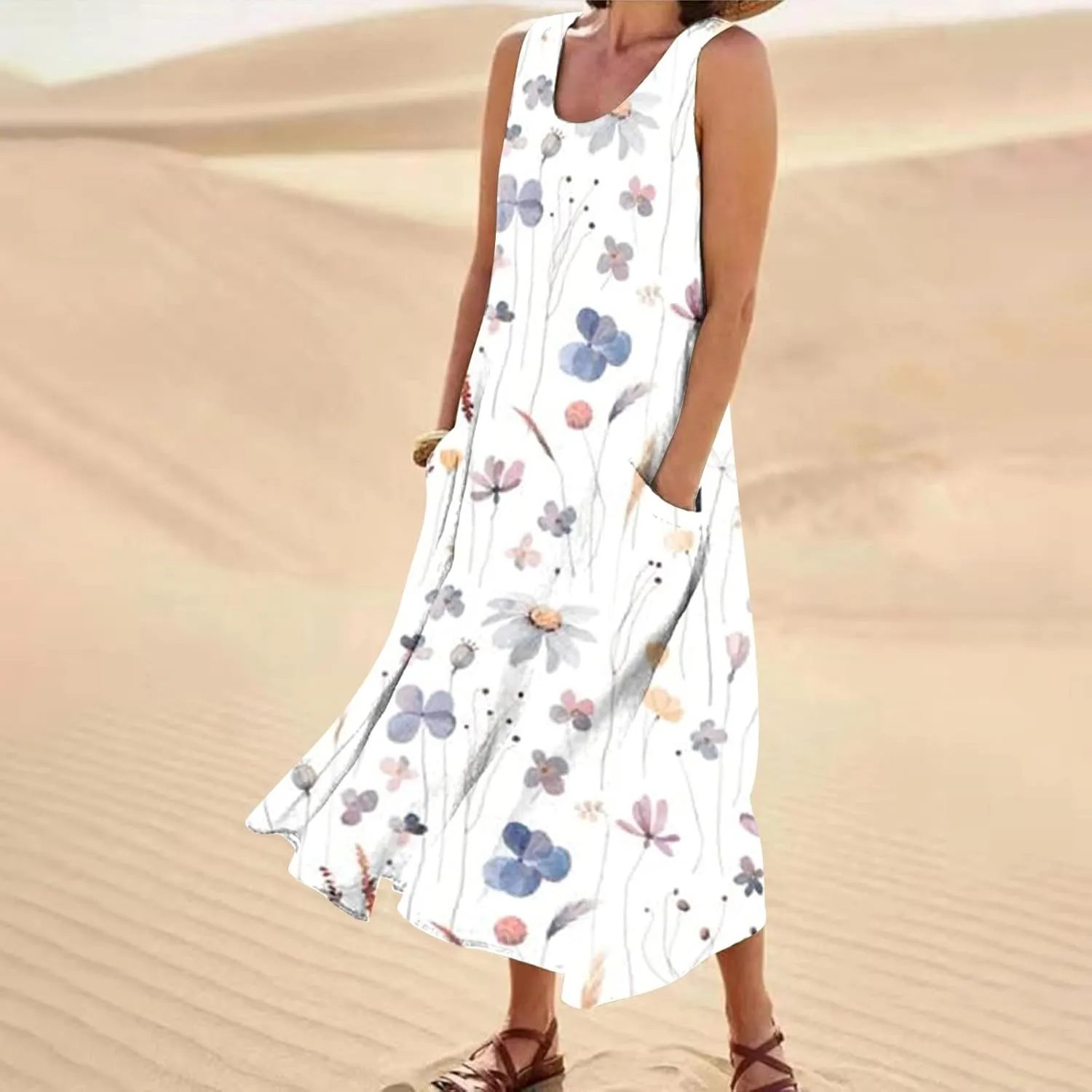 Women's Casual Sleeveless Maxi Dress 2025 Summer Tank Scoop Neck Loose Beach Sundress Beach Vacation Dresses