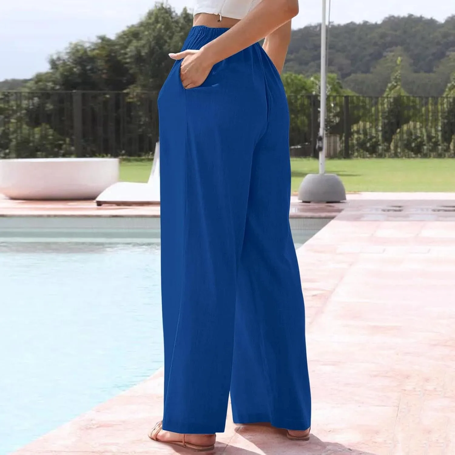 Womens Cotton Linen Palazzo Pants Drawstring Elastic Waist Casual Wide Leg Lightweight Beach Trousers with Pockets