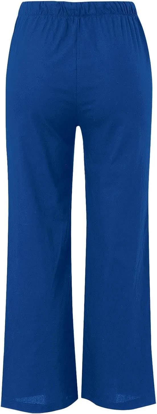 Womens Cotton Linen Palazzo Pants Drawstring Elastic Waist Casual Wide Leg Lightweight Beach Trousers with Pockets