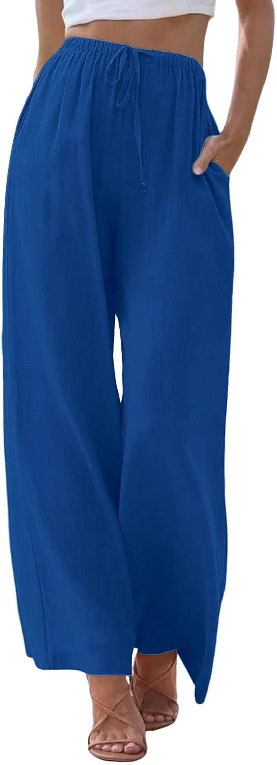 Womens Cotton Linen Palazzo Pants Drawstring Elastic Waist Casual Wide Leg Lightweight Beach Trousers with Pockets