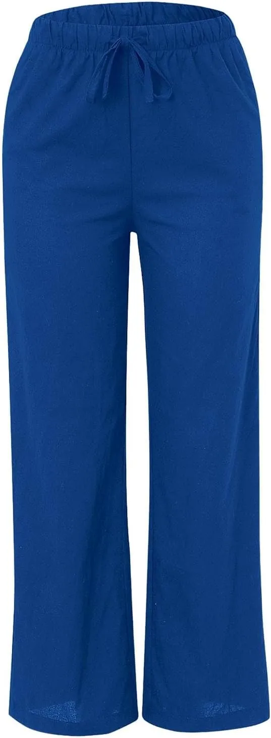Womens Cotton Linen Palazzo Pants Drawstring Elastic Waist Casual Wide Leg Lightweight Beach Trousers with Pockets
