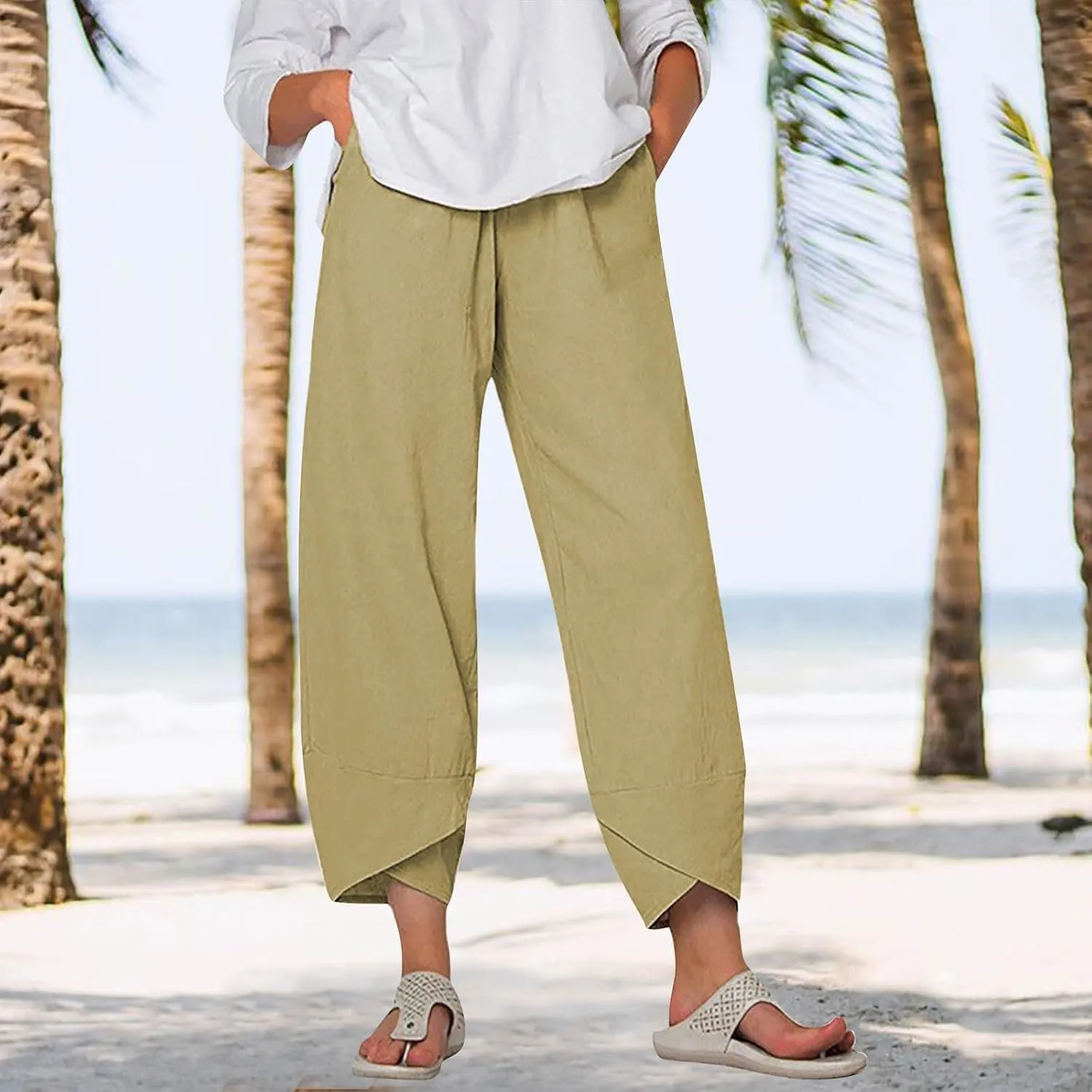 Women's Cotton Linen Pants Summer 2025 Casual Capri Pants with Pockets High Waisted Comfy Baggy Cropped Trousers