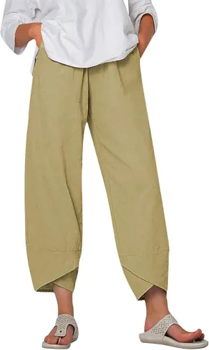Women's Cotton Linen Pants Summer 2025 Casual Capri Pants with Pockets High Waisted Comfy Baggy Cropped Trousers