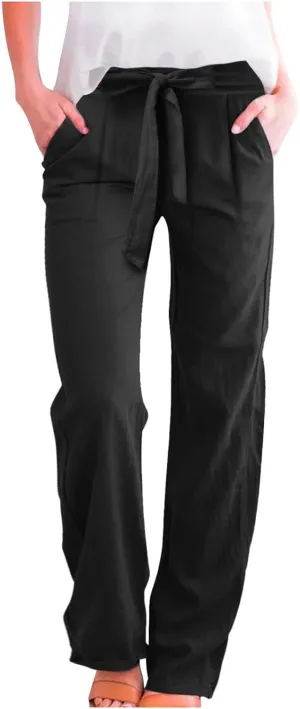 Womens Cotton Linen Summer Pull On Palazzo Pants Elastic Waist Ankle Length Slim-Fit Pant Trousers Vacation