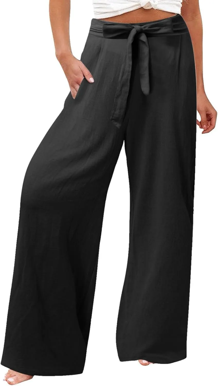 Womens Cotton Linen Summer Pull On Palazzo Pants Elastic Waist Ankle Length Slim-Fit Pant Trousers Vacation