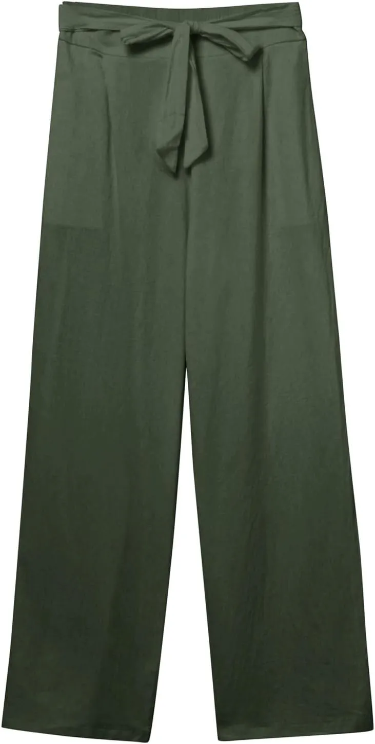 Womens Cotton Linen Summer Pull On Palazzo Pants Elastic Waist Ankle Length Slim-Fit Pant Trousers Vacation