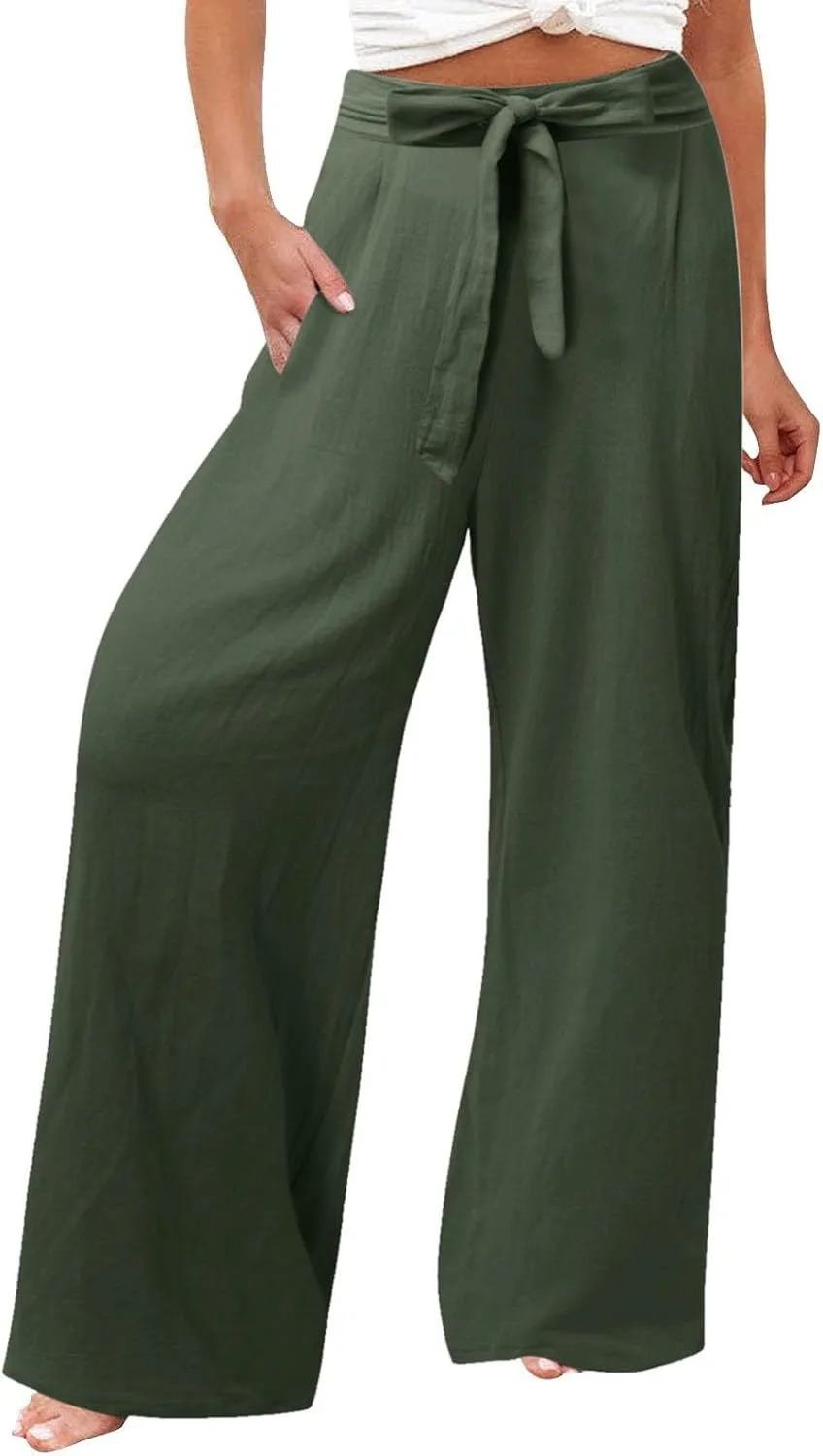Womens Cotton Linen Summer Pull On Palazzo Pants Elastic Waist Ankle Length Slim-Fit Pant Trousers Vacation