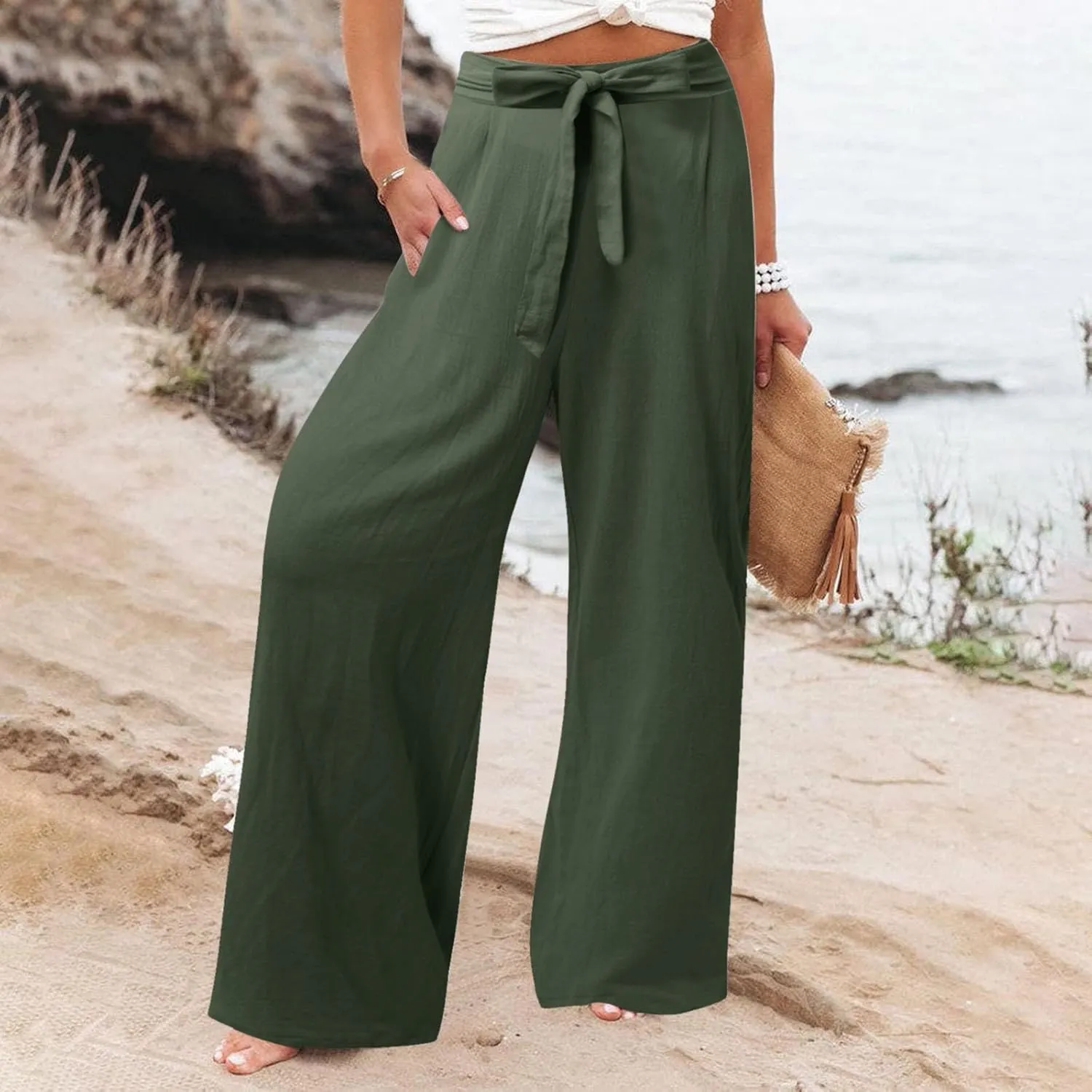 Womens Cotton Linen Summer Pull On Palazzo Pants Elastic Waist Ankle Length Slim-Fit Pant Trousers Vacation