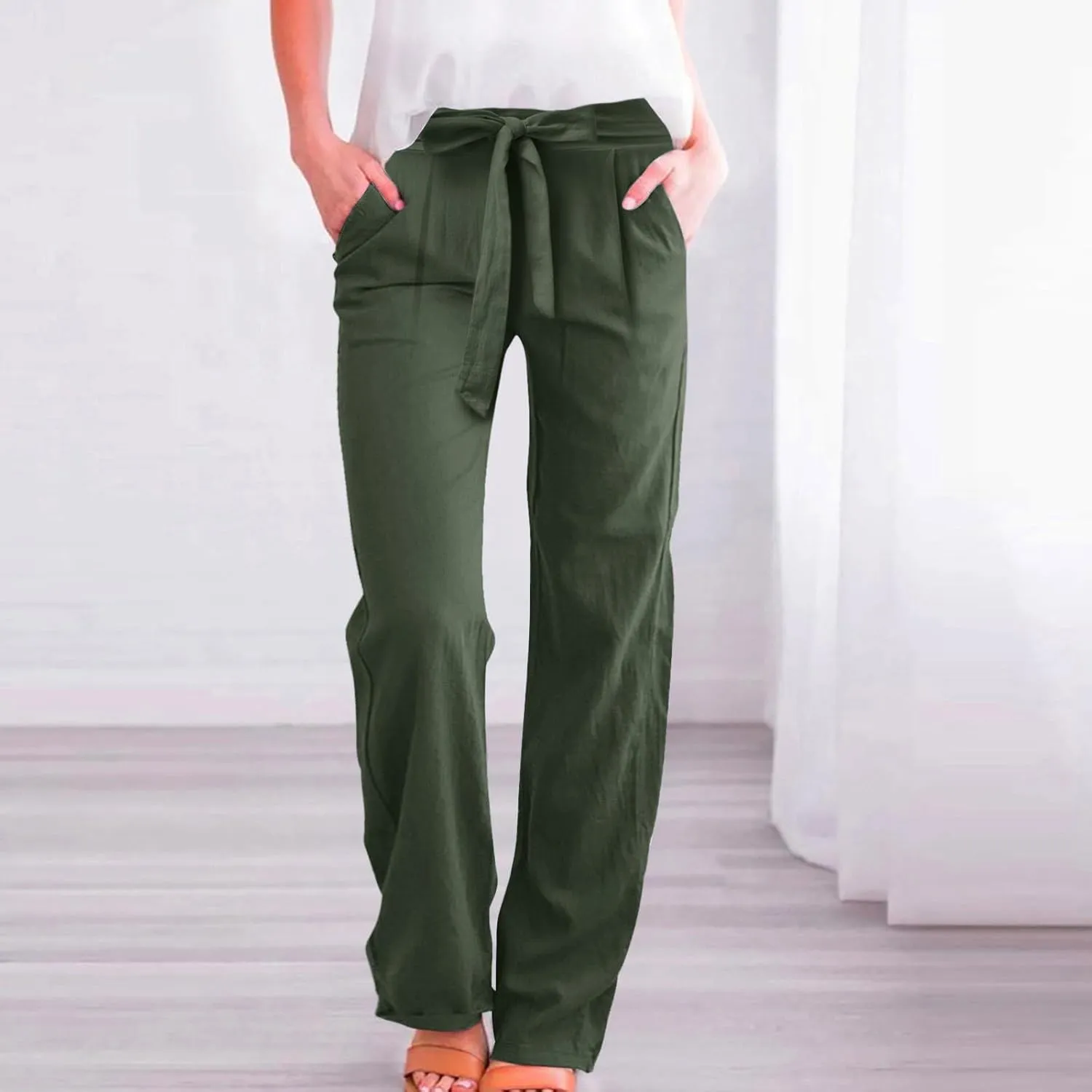 Womens Cotton Linen Summer Pull On Palazzo Pants Elastic Waist Ankle Length Slim-Fit Pant Trousers Vacation