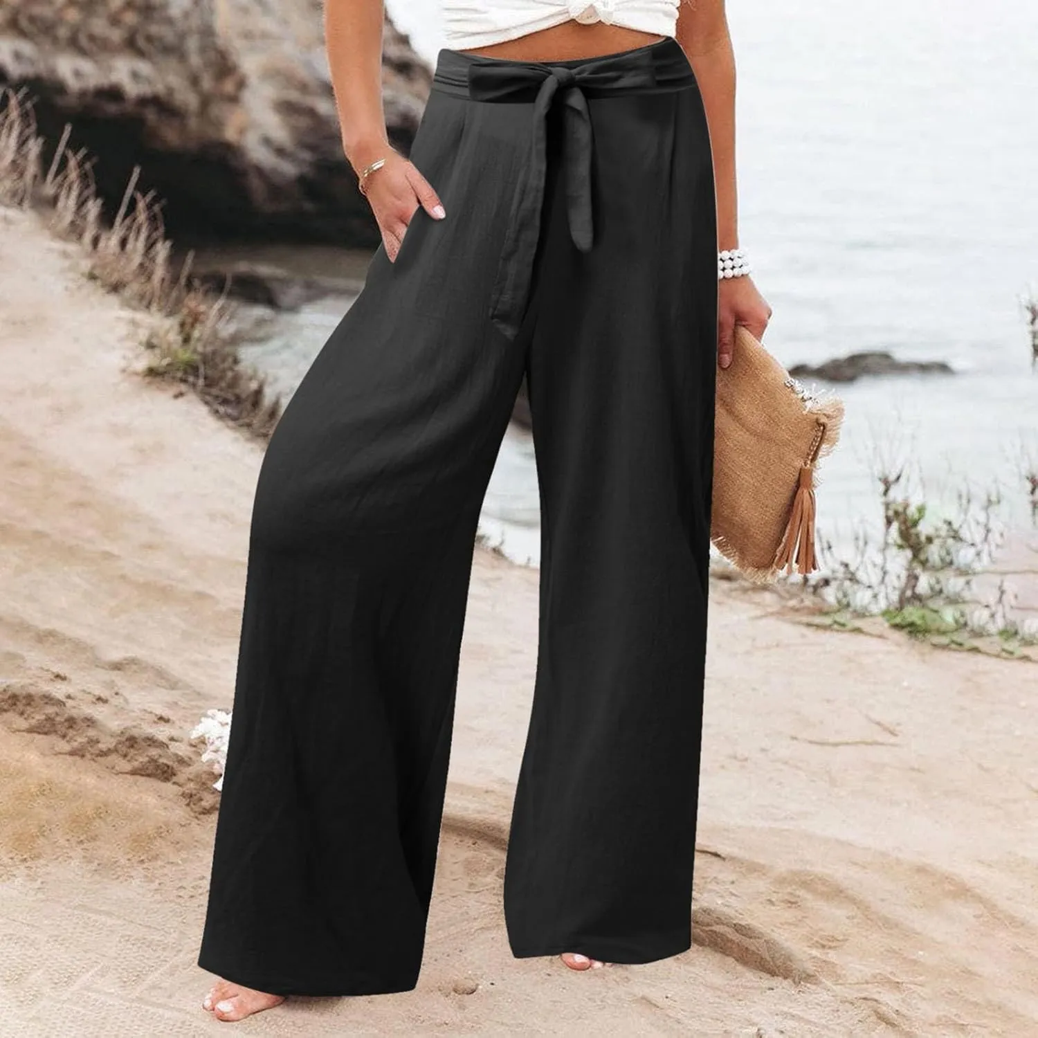 Womens Cotton Linen Summer Pull On Palazzo Pants Elastic Waist Ankle Length Slim-Fit Pant Trousers Vacation