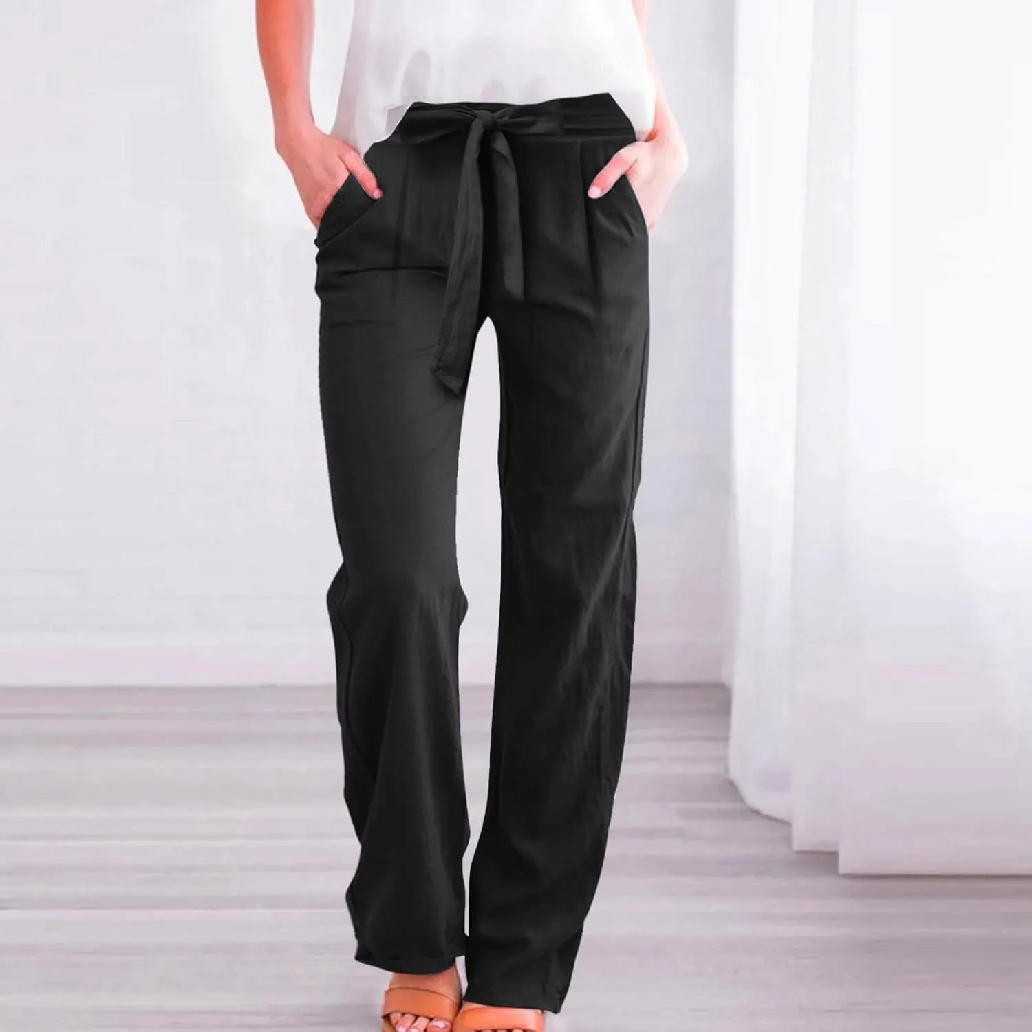 Womens Cotton Linen Summer Pull On Palazzo Pants Elastic Waist Ankle Length Slim-Fit Pant Trousers Vacation