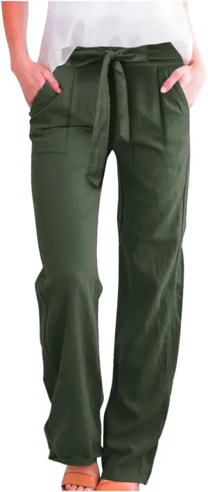 Womens Cotton Linen Summer Pull On Palazzo Pants Elastic Waist Ankle Length Slim-Fit Pant Trousers Vacation