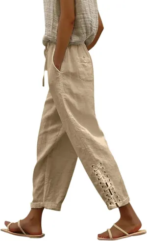 Womens Cotton Linen Summer Striped Pants High Waist Bootcut Slim Fit Trousers Trendy