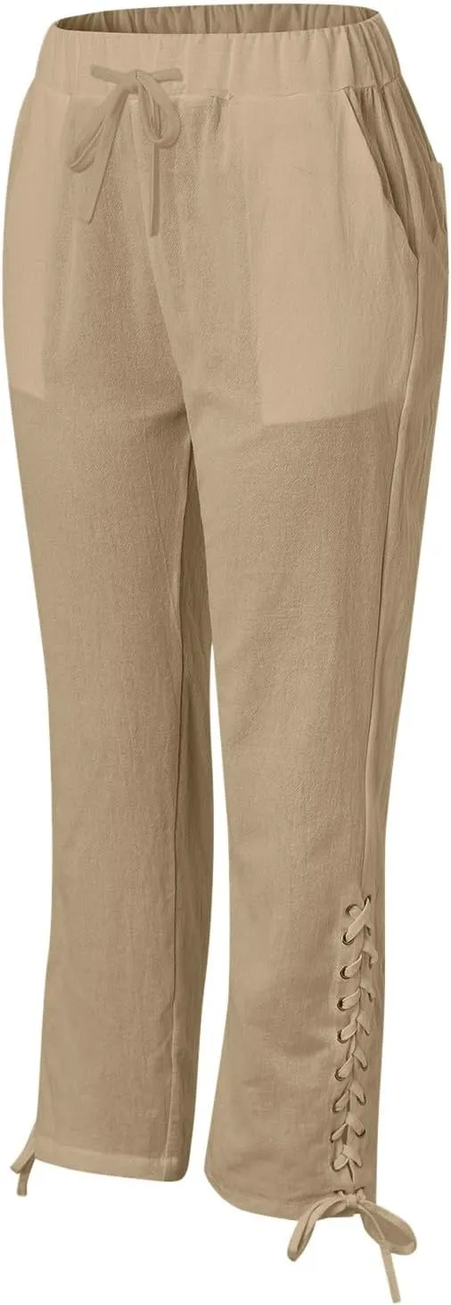 Womens Cotton Linen Summer Striped Pants High Waist Bootcut Slim Fit Trousers Trendy