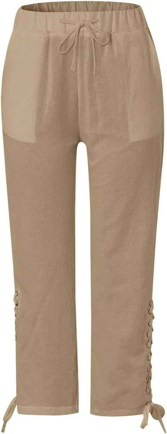 Womens Cotton Linen Summer Striped Pants High Waist Bootcut Slim Fit Trousers Trendy
