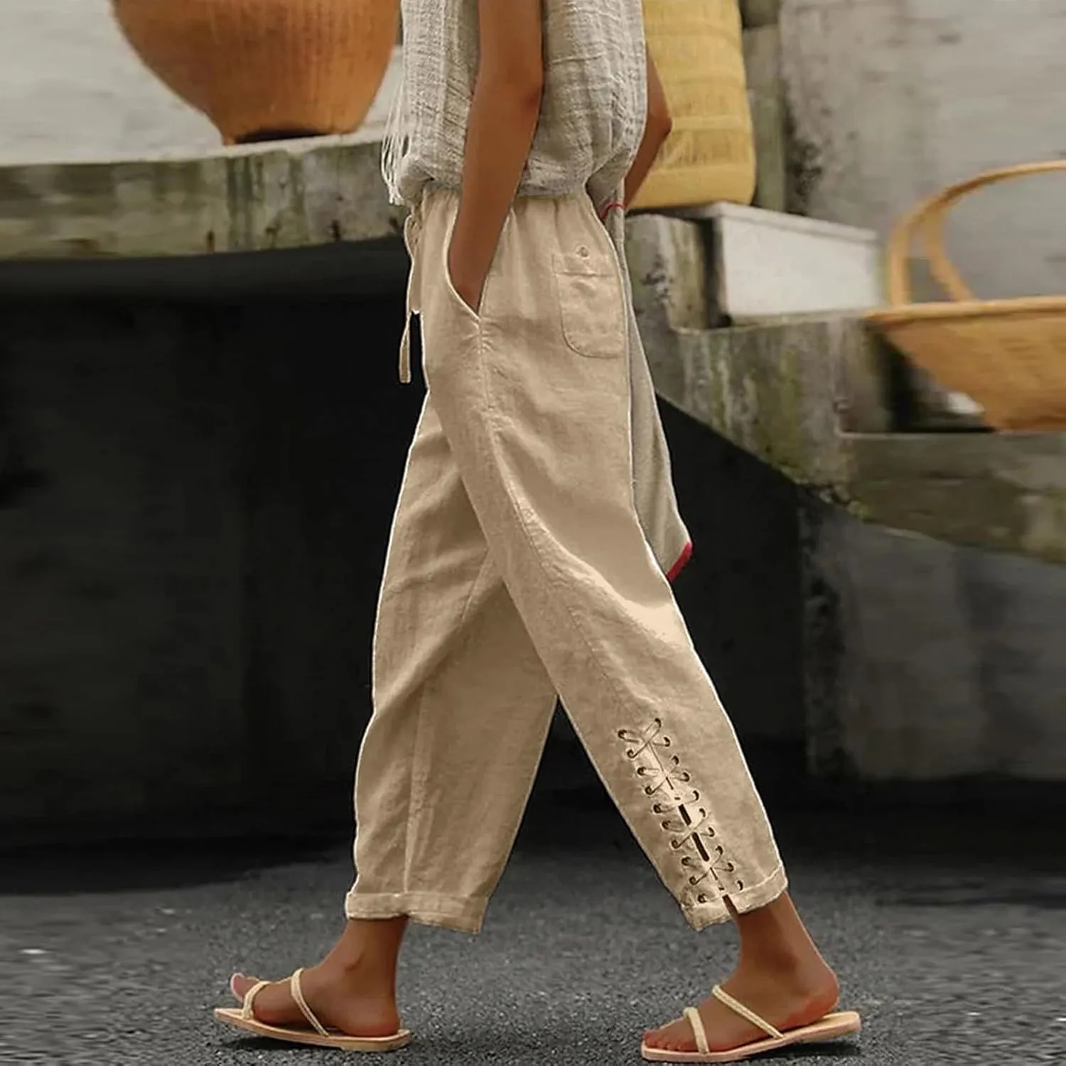 Womens Cotton Linen Summer Striped Pants High Waist Bootcut Slim Fit Trousers Trendy