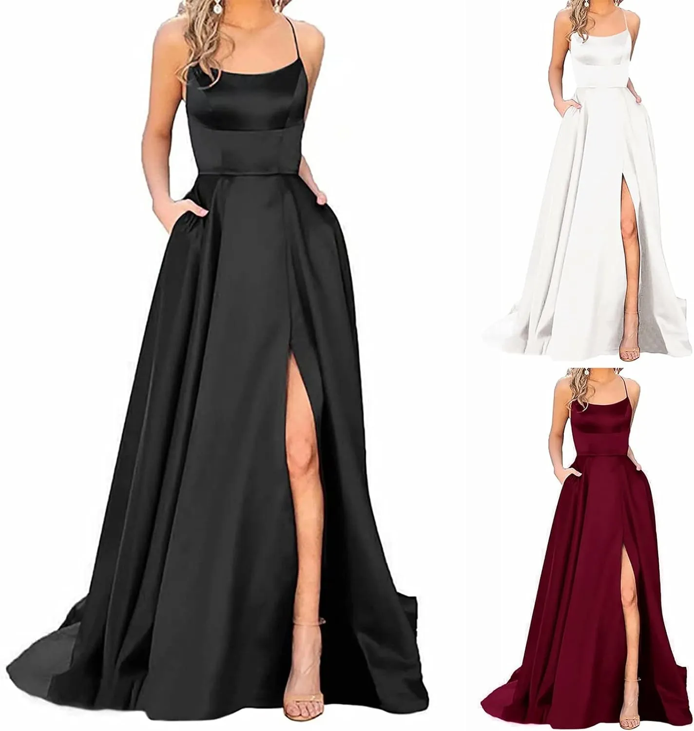 Women's Evening Formal Dresses 2024 Trendy Elegant Prom Dress Solid Satin Backless Split Cocktail Wedding Party Long Dresses