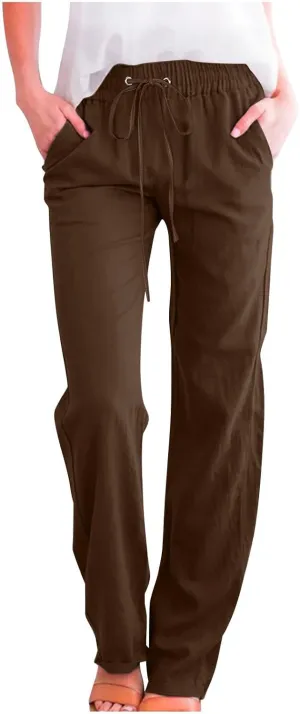 Womens Linen Blend Summer Letter Patched Pants Low Waist Wide Leg Slim Fit Trousers Office