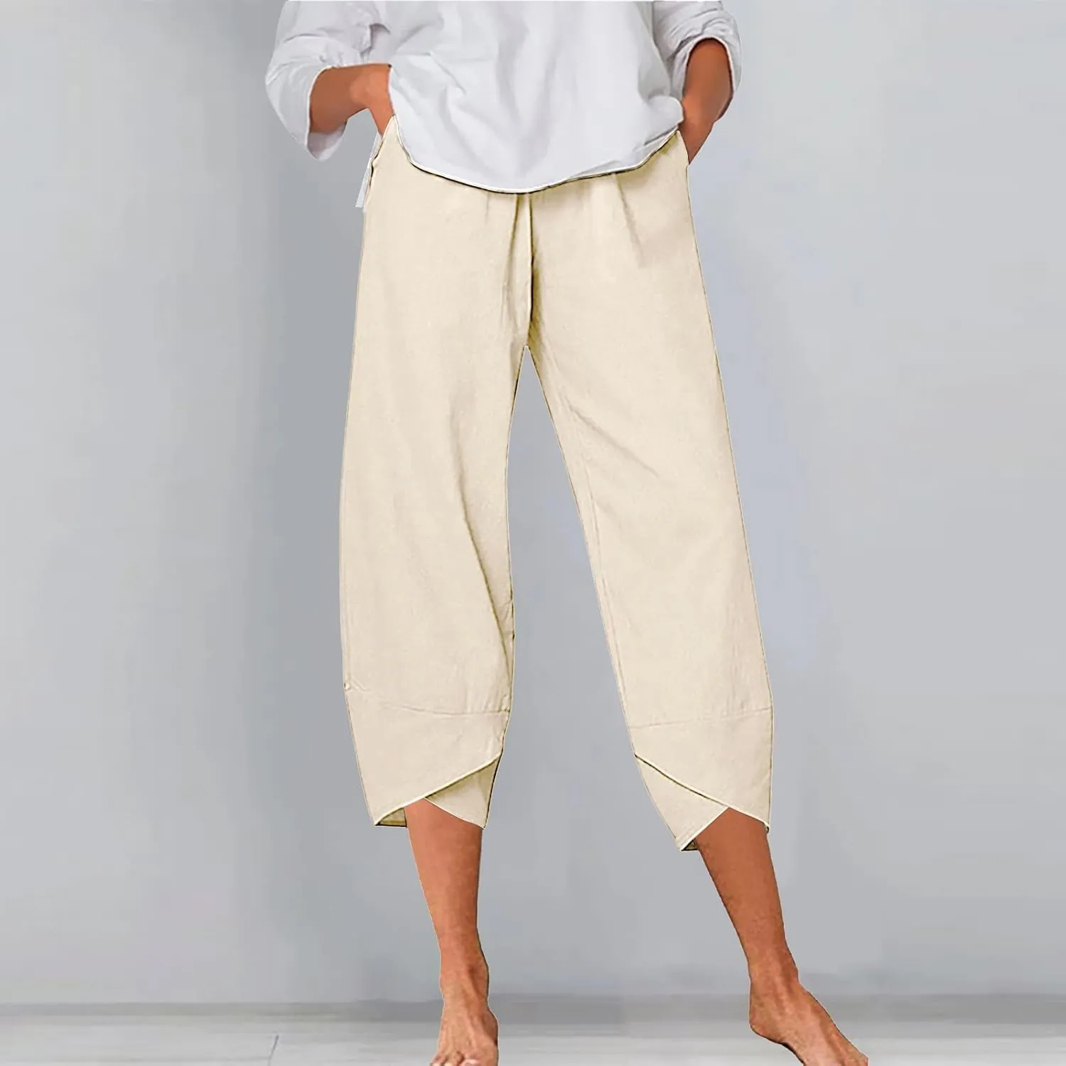 Women's Linen Blend Summer Split Flowy Pant Trousers High Waist Lounge Pants Slim-Fit Pant Trousers Vacation