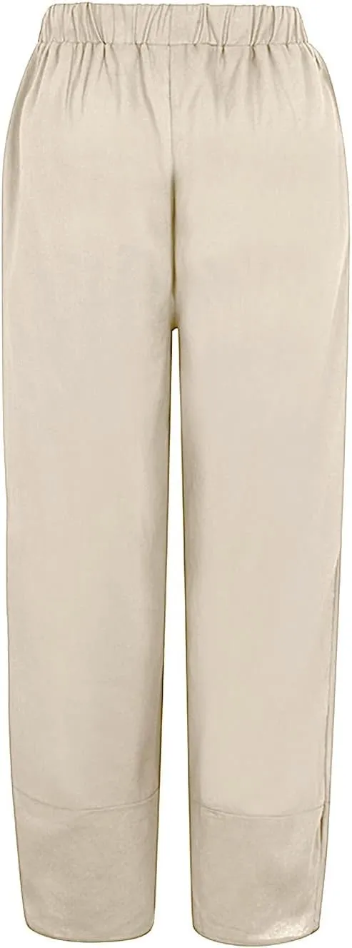 Women's Linen Blend Summer Split Flowy Pant Trousers High Waist Lounge Pants Slim-Fit Pant Trousers Vacation