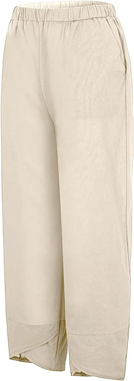 Women's Linen Blend Summer Split Flowy Pant Trousers High Waist Lounge Pants Slim-Fit Pant Trousers Vacation