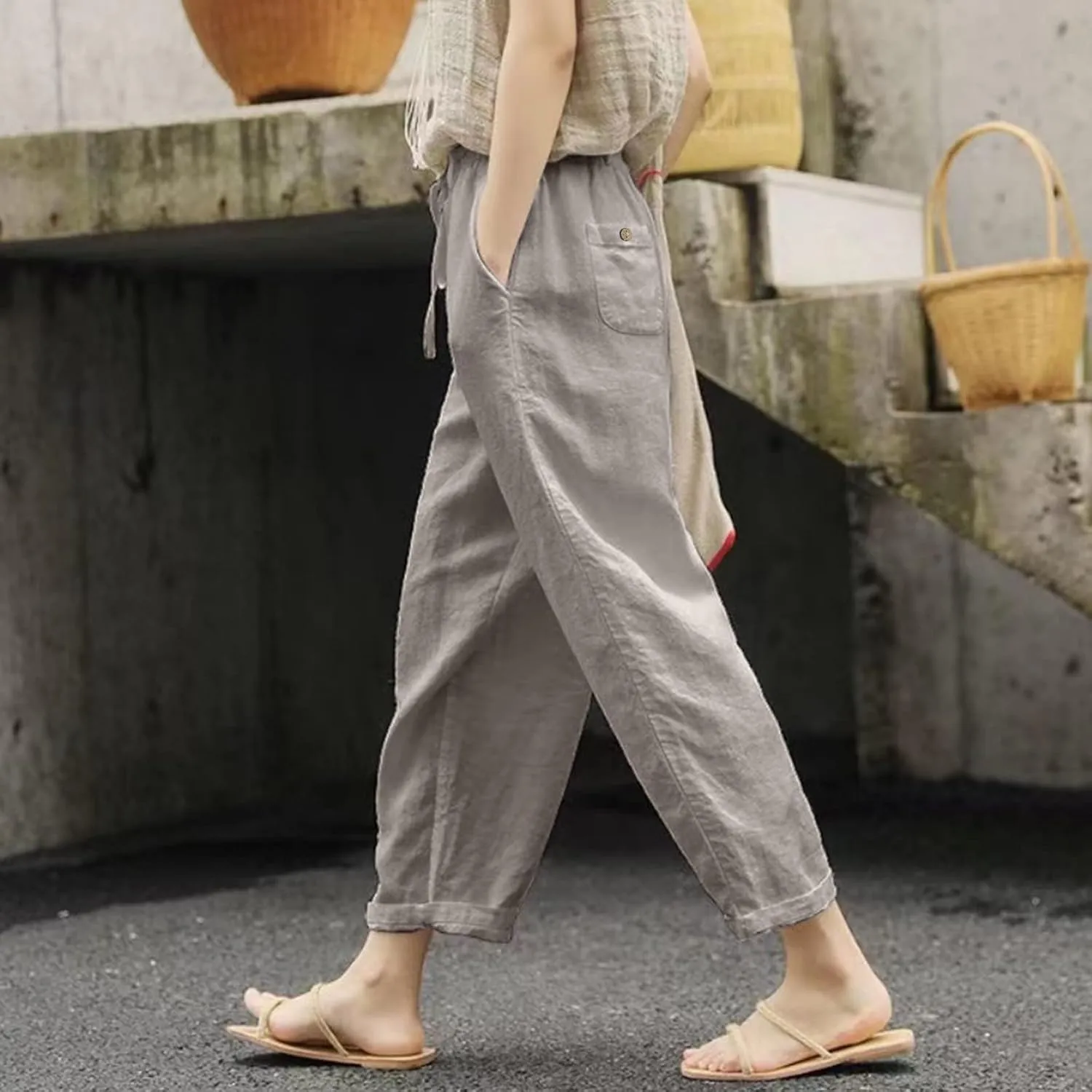 Womens Linen Blend Summer Striped Palazzo Lounge Pants High Waist Straight Plus Size Trousers Office