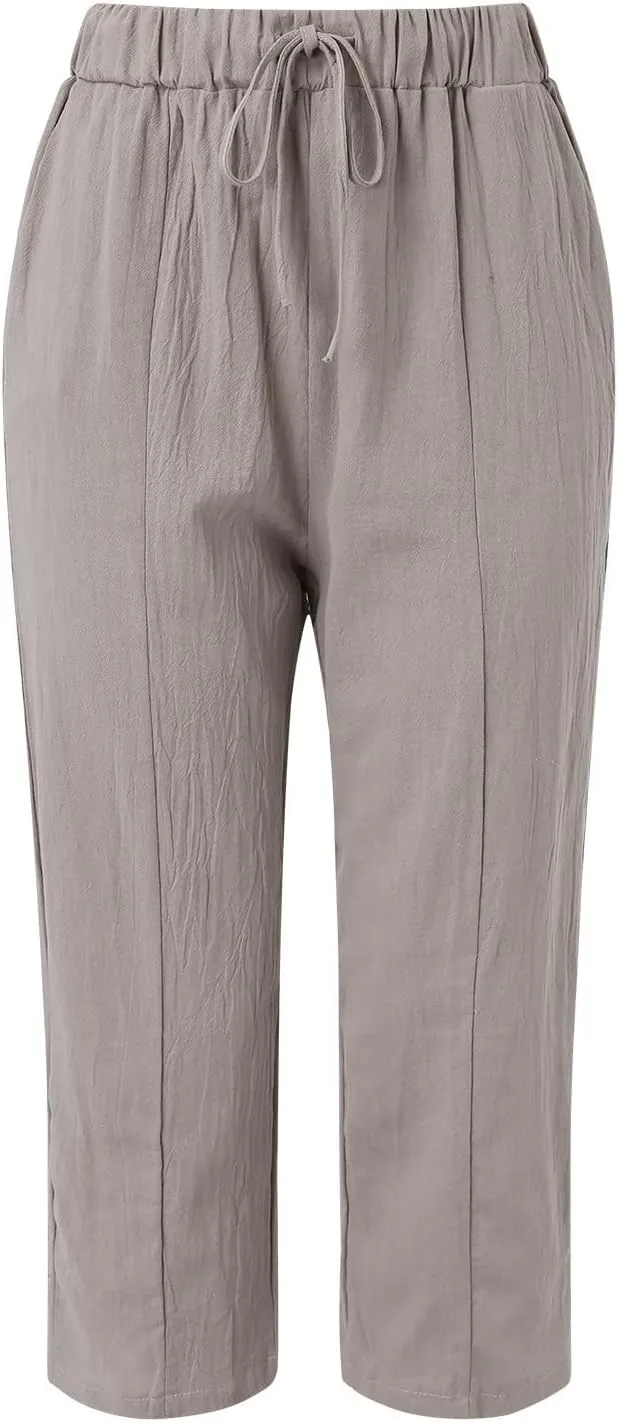 Womens Linen Blend Summer Striped Palazzo Lounge Pants High Waist Straight Plus Size Trousers Office