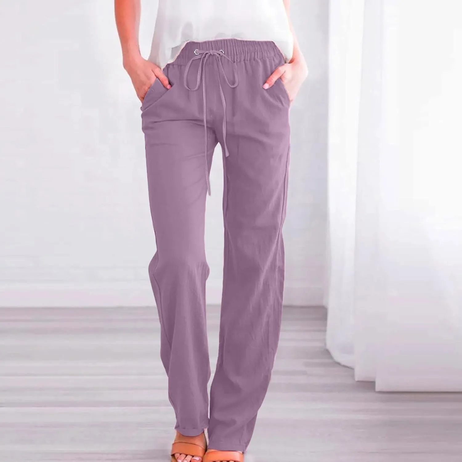 Womens Linen Blend Summer Trendy Palazzo Pants Low Waist Lounge Pants Slim-Fit Trousers Travel