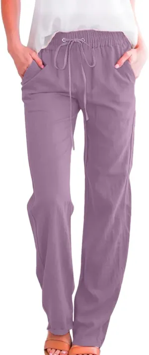 Womens Linen Blend Summer Trendy Palazzo Pants Low Waist Lounge Pants Slim-Fit Trousers Travel