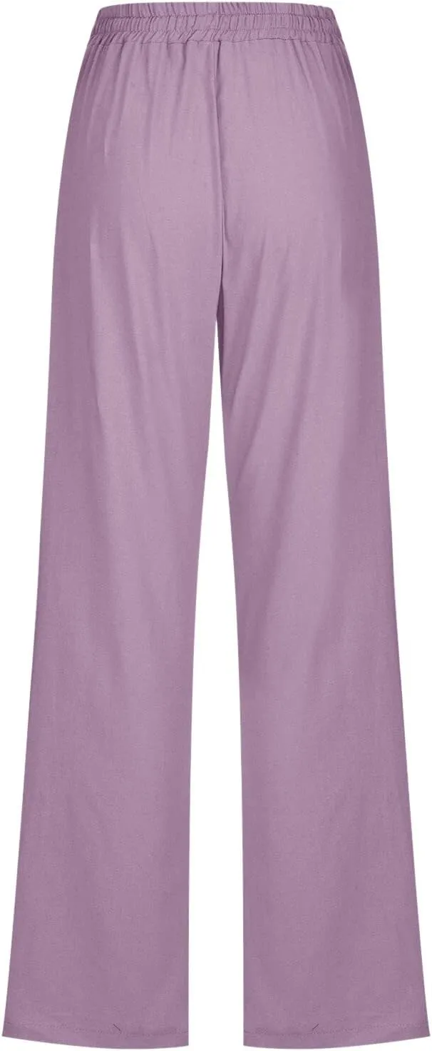 Womens Linen Blend Summer Trendy Palazzo Pants Low Waist Lounge Pants Slim-Fit Trousers Travel