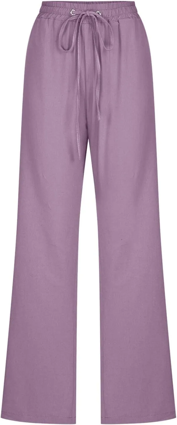 Womens Linen Blend Summer Trendy Palazzo Pants Low Waist Lounge Pants Slim-Fit Trousers Travel