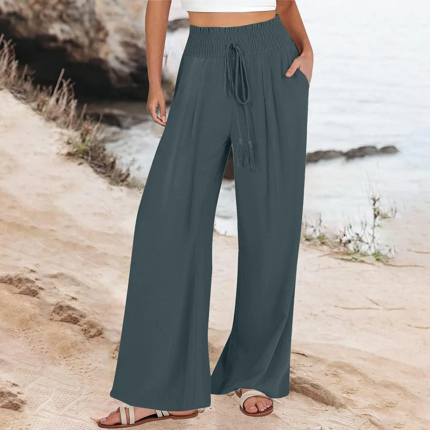 Womens Linen Pants 2025 Summer Casual Wide Leg Palazzo Pants Drawstring Smocked Waist Flowy Beach Trousers Outfits