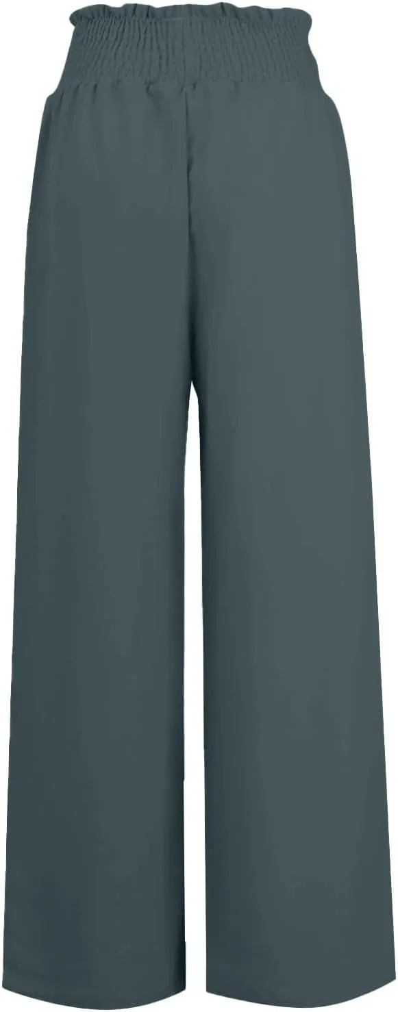 Womens Linen Pants 2025 Summer Casual Wide Leg Palazzo Pants Drawstring Smocked Waist Flowy Beach Trousers Outfits