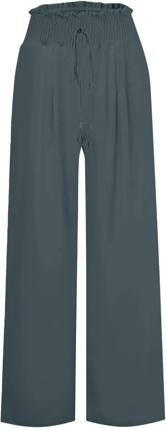 Womens Linen Pants 2025 Summer Casual Wide Leg Palazzo Pants Drawstring Smocked Waist Flowy Beach Trousers Outfits