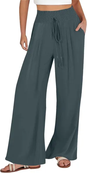 Womens Linen Pants 2025 Summer Casual Wide Leg Palazzo Pants Drawstring Smocked Waist Flowy Beach Trousers Outfits