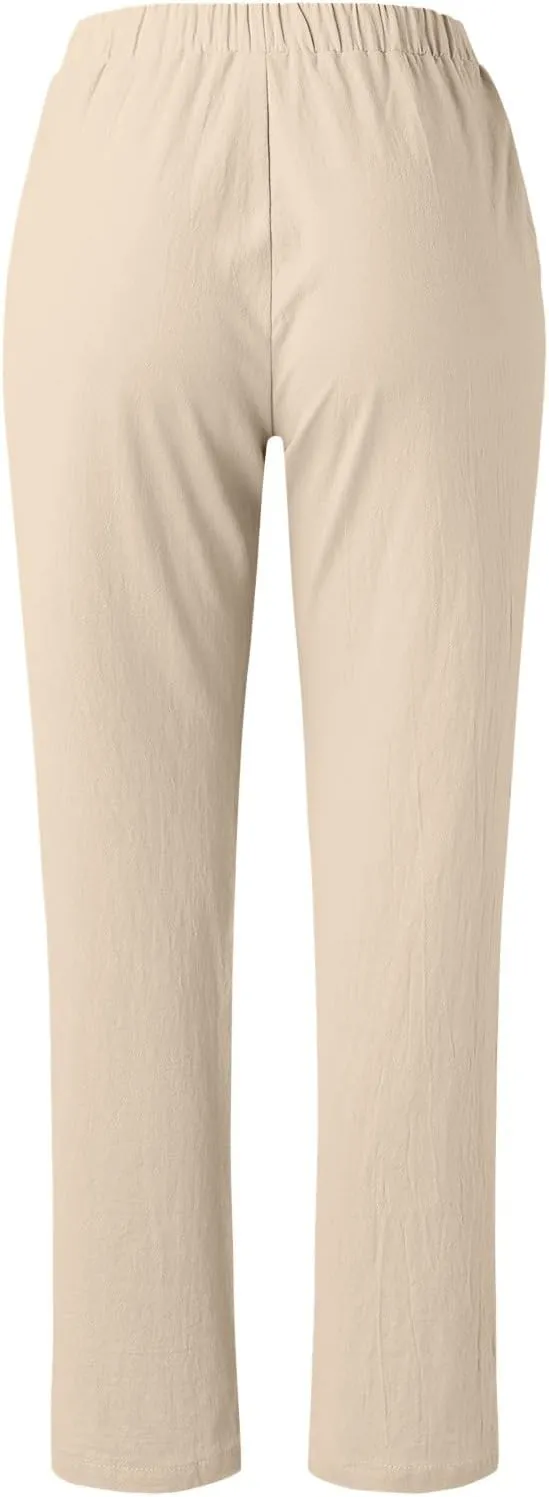 Womens Linen Summer Drawstring Pant Trousers Low Waist Bootcut Slim-Fit Palazzo Pants Trendy