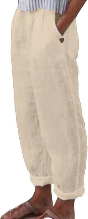 Womens Linen Summer Drawstring Pant Trousers Low Waist Bootcut Slim-Fit Palazzo Pants Trendy