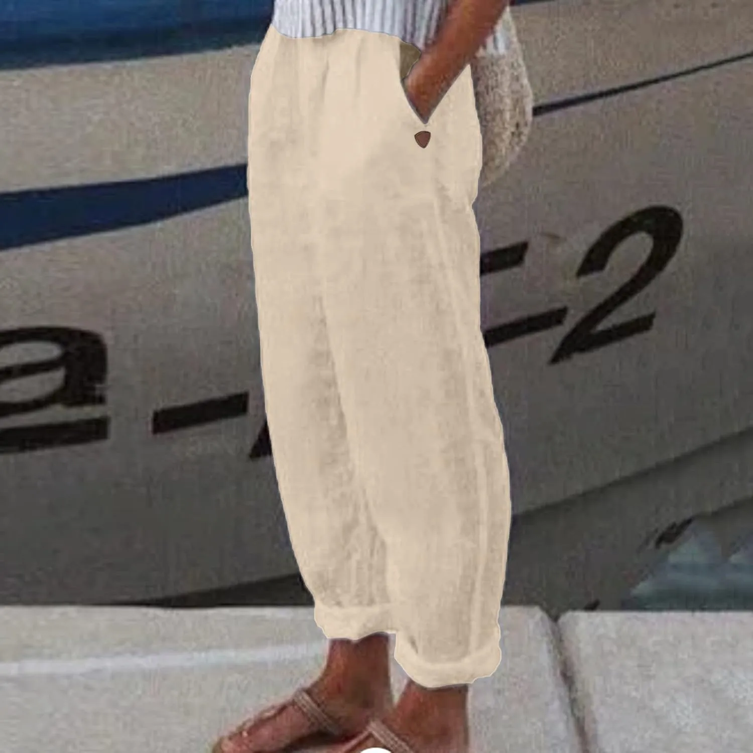 Womens Linen Summer Drawstring Pant Trousers Low Waist Bootcut Slim-Fit Palazzo Pants Trendy